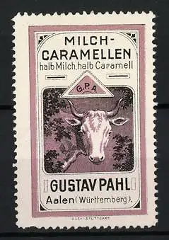 Reklamemarke Aalen, Milch-Caramellen halb Milch halb Caramell, Kuhkopf