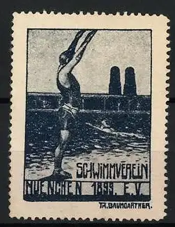 Künstler-Reklamemarke Baumgartner, München, Schwimmverein 1899 E.V., Schwimmer vor Frauenkirche