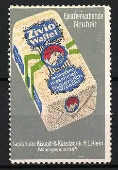 Reklamemarke Landshut, Zivio Waffel, Bisquit & Keksfabrik Klein, Packung mit rotem Logo