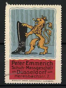 Reklamemarke Düsseldorf, Peter Emmerich Schuh-Massgeschäft, Löwe mit Stiefel