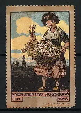 Reklamemarke Augsburg, Anemonentag 1913, Mädchen mit Blumenstrauss