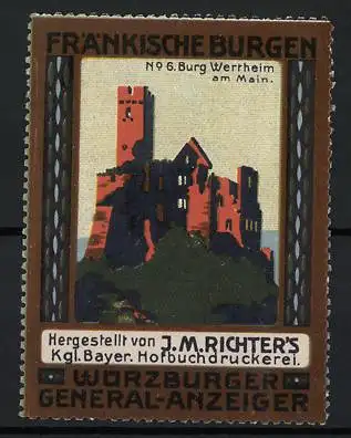 Reklamemarke Würzburg, Würzburger Generalanzeiger, Fränkische Burgen Nr. 6: Burg Wertheim, Burgansicht