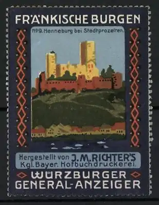 Reklamemarke Henneburg, Fränkische Burgen, Würzburger General-Anzeiger, Burgansicht