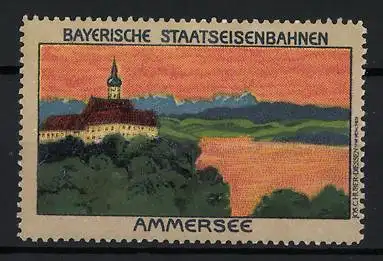 Reklamemarke Ammersee, Bayerische Staatseisenbahnen, Kirche am Seeufer