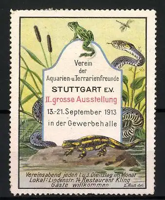 Reklamemarke Stuttgart, II. grosse Ausstellung der Aquarien - und Terrarienfreunde 1913, Frosch und Schlange, Salamander