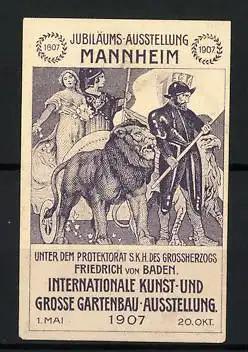 Reklamemarke Mannheim, Jubiläums-Ausstellung 1907, Löwe und Fahnenträger