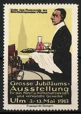 Reklamemarke Ulm, Grosse Jubiläumsausstellung 1913, Kellner mit Tablett