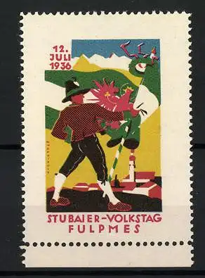 Reklamemarke Fulpmes, Stubaier Volkstag 1936, Tänzer mit Drache