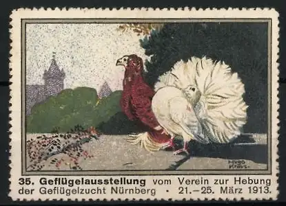 Reklamemarke Nürnberg, 35. Geflügelausstellung, Hühner und Taube, 1913