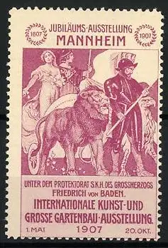 Reklamemarke Mannheim, Jubiläums-Ausstellung 1607-1907, Löwe und historische Figuren