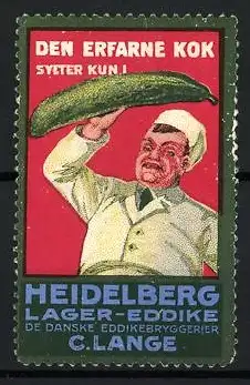 Reklamemarke Heidelberg, Lager Eddike C. Lange, Essig, Koch mit Gurke