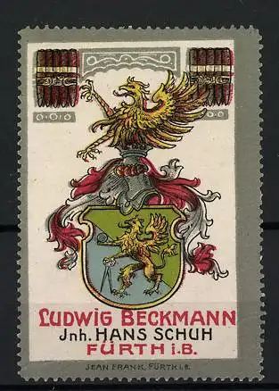 Reklamemarke Fürth, Tabakwaren Ludwig Beckmann Inh. Hans Schuh, Wappen mit Adler