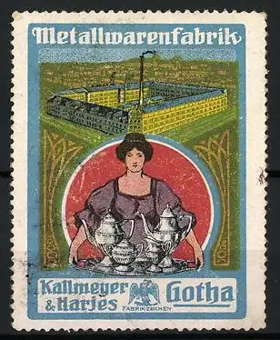 Reklamemarke Gotha, Metallwarenfabrik Kallmeyer & Harjes, Frau mit Silberwaren