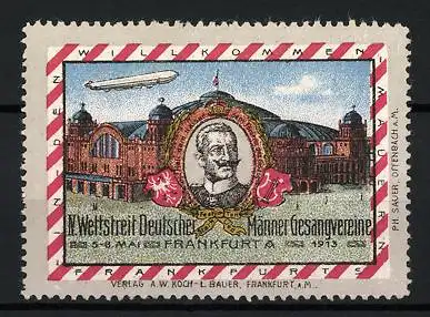 Reklamemarke Frankfurt, Wettstreit Deutscher Männer-Gesangvereine 1913, Festhalle und Zeppelin Luftschiff