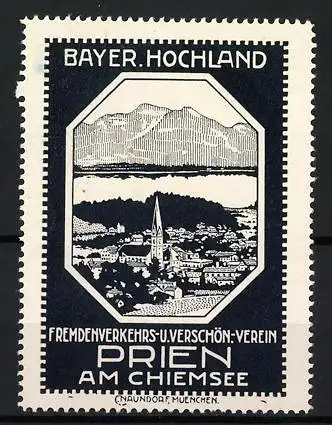 Reklamemarke Prien am Chiemsee, Fremdenverkehrsverein, Berge und Ortsansicht