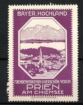 Reklamemarke Prien am Chiemsee, Fremdenverkehrsverein, Berglandschaft