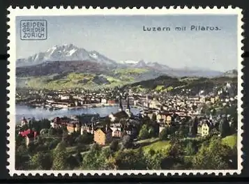 Reklamemarke Luzern, Seiden Grieder, Luzern mit Pilatus, Stadtansicht und Bergpanorama