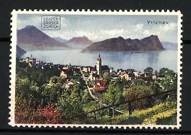 Reklamemarke Vitznau, Seiden Grieder Zürich, Landschaft mit See und Bergen