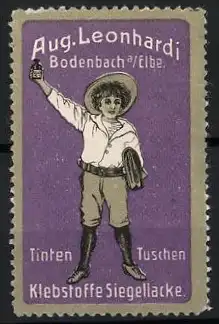 Reklamemarke Bodenbach, Aug. Leonhardi, Junge mit Flasche Tinte