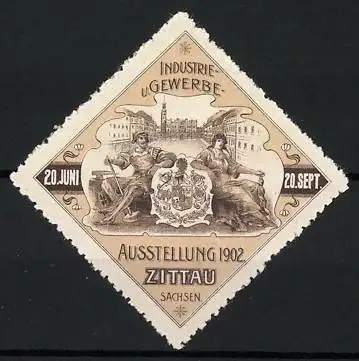 Reklamemarke Zittau, Industrie- und Gewerbeausstellung 1902, Wappen mit Figuren