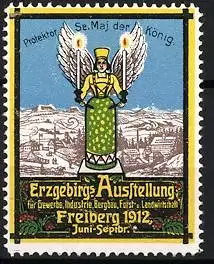 Reklamemarke Freiberg, Erzgebirgs Ausstellung 1912, Engel mit Kerzenhalter