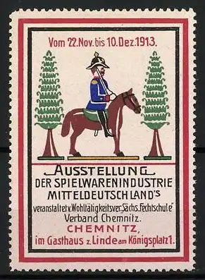 Reklamemarke Chemnitz, Ausstellung Spielwarenindustrie 1913, Reiter auf Pferd