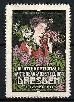 Reklamemarke Dresden, III. Internationale Gartenbau-Ausstellung, asiatische Frau mit Blumen, 1907