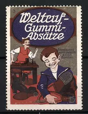 Reklamemarke Weltruf-Gummi-Absätze, Junge mit Schuhen