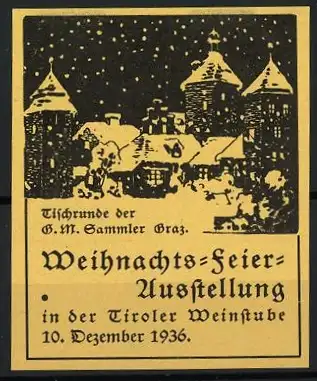 Reklamemarke Graz, Weihnachts-Feier-Ausstellung, verschneite Stadtansicht, 10. Dezember 1936