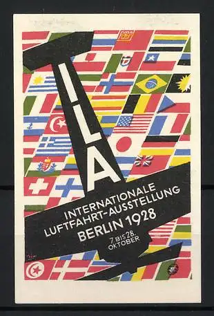 Reklamemarke Berlin, Internationale Luftfahrt-Ausstellung 1928, Flaggen und Flugzeug-Silhouette