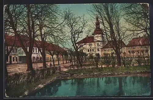 AK Belá u Bezdeze, Ortspartie mit Turmgebäude, Hotel und Teich