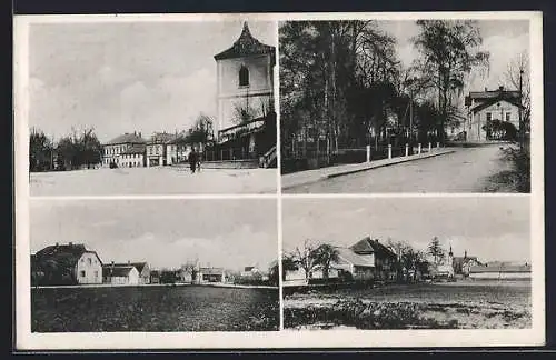 AK Chotetov, Strassenpartie, Platz mit Turm, Ortsansichten