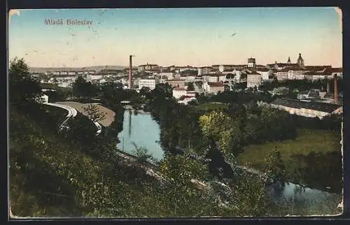 AK Mladá Boleslav, Ortspanorama vom Wasser aus