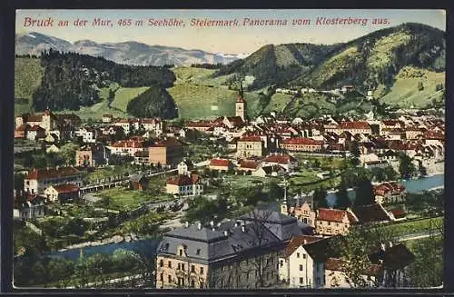 AK Bruck /Mur, Ortsansicht mit der Mur und Bergpanorama vom Klosterberg aus gesehen