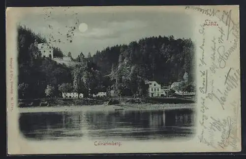 Mondschein-AK Linz, Uferpartie am Calvarienberg