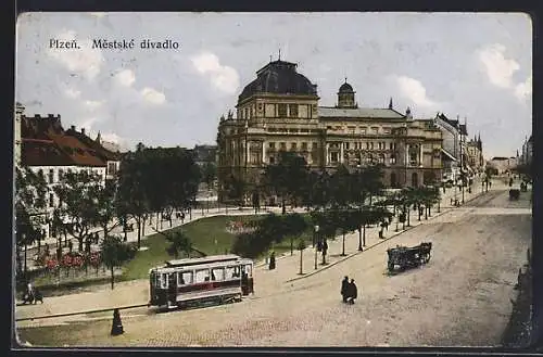 AK Pilsen, Städtisches Theater, Strassenbahn