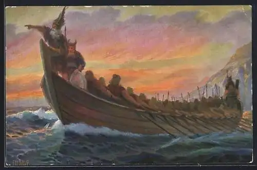 Künstler-AK Christopher Rave: Wikingerboot vor der Küste, 4. Jahrhundert