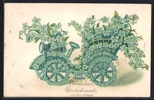 AK Herzliche Geburtstagswünsche bringt ein blütenverziertes Auto