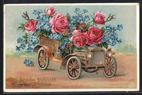 AK Gerne würd` ich zu Dir eilen..., Auto mit Rosen und Vergissmeinnicht