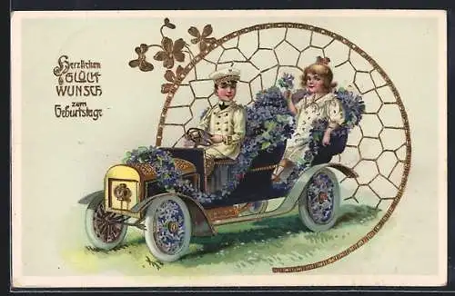 Künstler-AK Kinder im Blumen-Auto - Namenstagsgruss