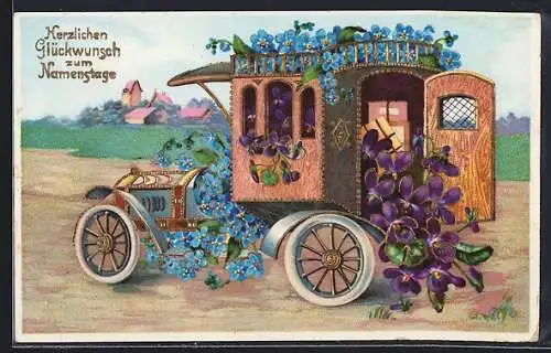 AK Auto mit Vergissmeinnicht und Veilchen geschmückt, Namenstagskarte