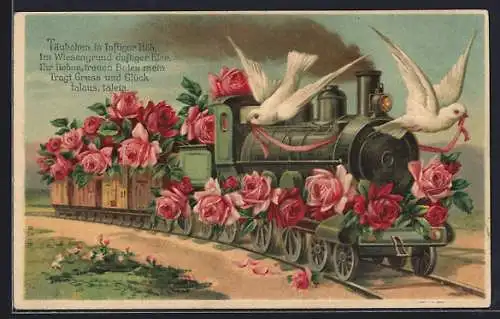 AK Eisenbahn geschmückt mit Rosen und weisse Tauben