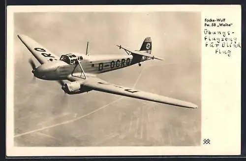 Foto-AK Luftwaffe, Übungsflugzeug für Blindflug, Focke-Wulf Fw 58 Weihe, Kennung D-OCRQ, 