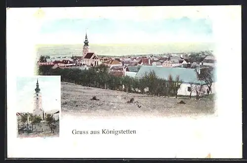 AK Königstetten, Blick über die Dächer, Partie an der Kirche