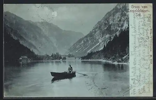 Mondschein-AK Eisenerz, Leopoldsteiner See, Ruderboot gegen Bergpanorama