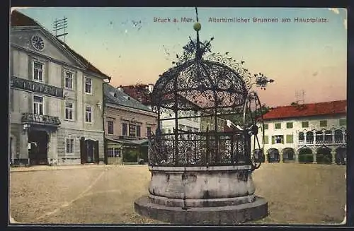 AK Bruck an der Mur, Altertümlicher Brunnen am Hauptplatz mit Stadtamt