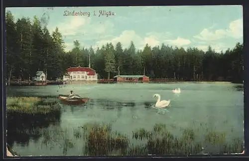 AK Lindenberg i. Allgäu, Schwanenteich mit Gasthaus