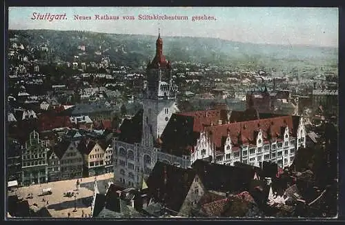 AK Stuttgart, Neues Rathaus vom Stiftskirchenturm gesehen