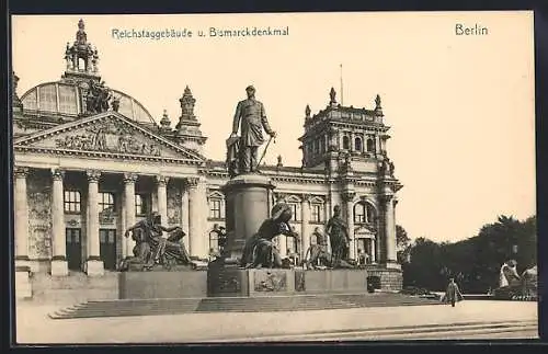 AK Berlin, Reichstaggebäude und Bismarckdenkmal