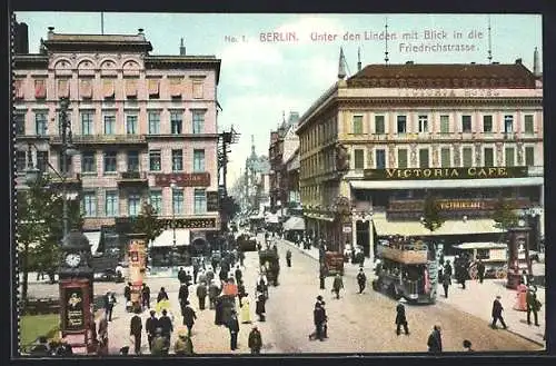 AK Berlin, Unter den Linden mit Blick in die Friedrichstrasse